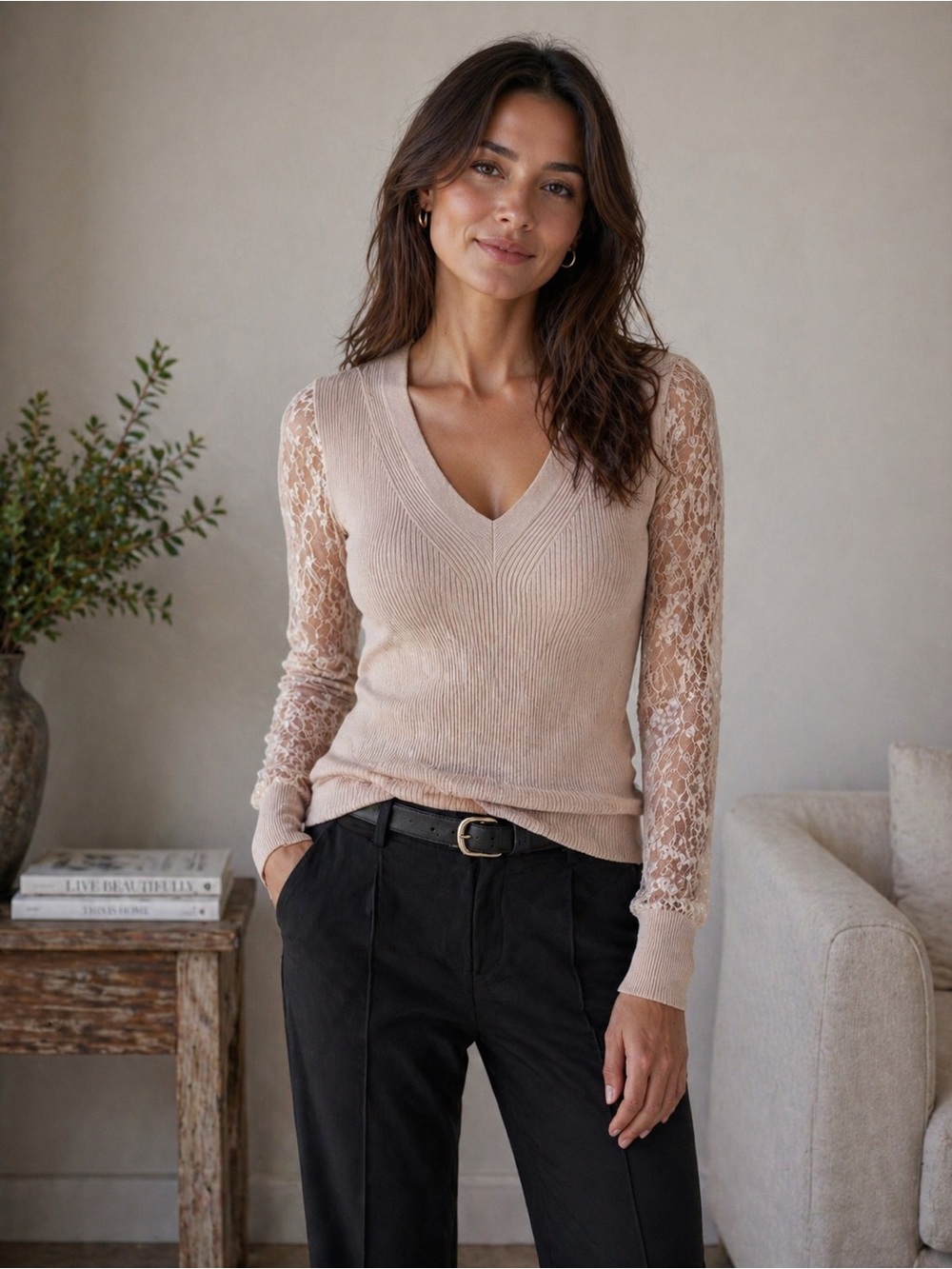 White House Black Market Lace-Sleeve V-Neck Sweater - Beige
